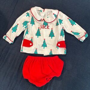 Christmas tree long sleeve polo and matching corduroy diaper cover.